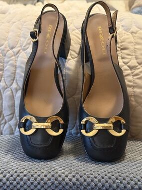 Rizzoli Black Slingback Mules with Gold Accent Sz 37